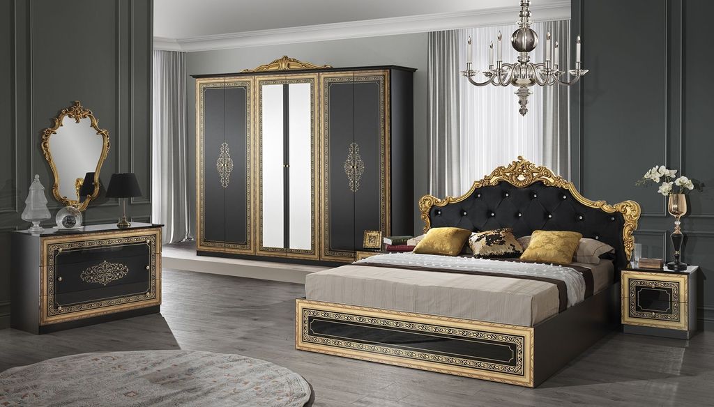 Barock Schlafzimmer Giulia in Schwarz/Gold Hochglanz 6-Teilig 180 x 200 cm