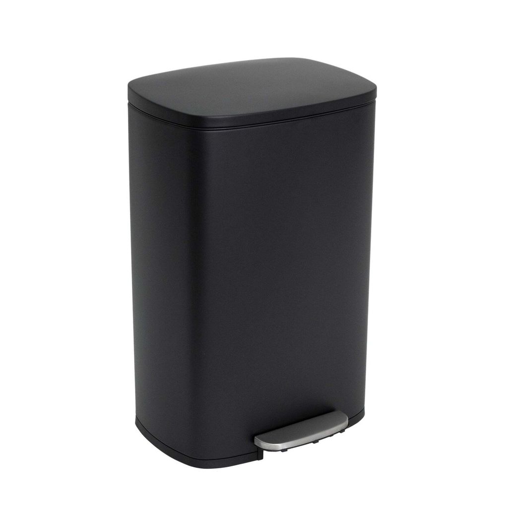 A black pedal trash can is shown against a white background.