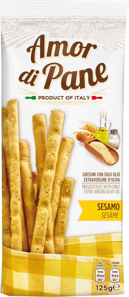 Verpackungsbild Amor di Pane knusprige Grissini mit Olivenöl und Sesam Geschmack 125g