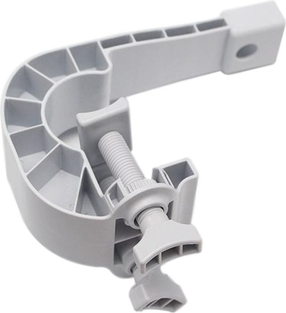 A white plastic clamp with a threaded screw.