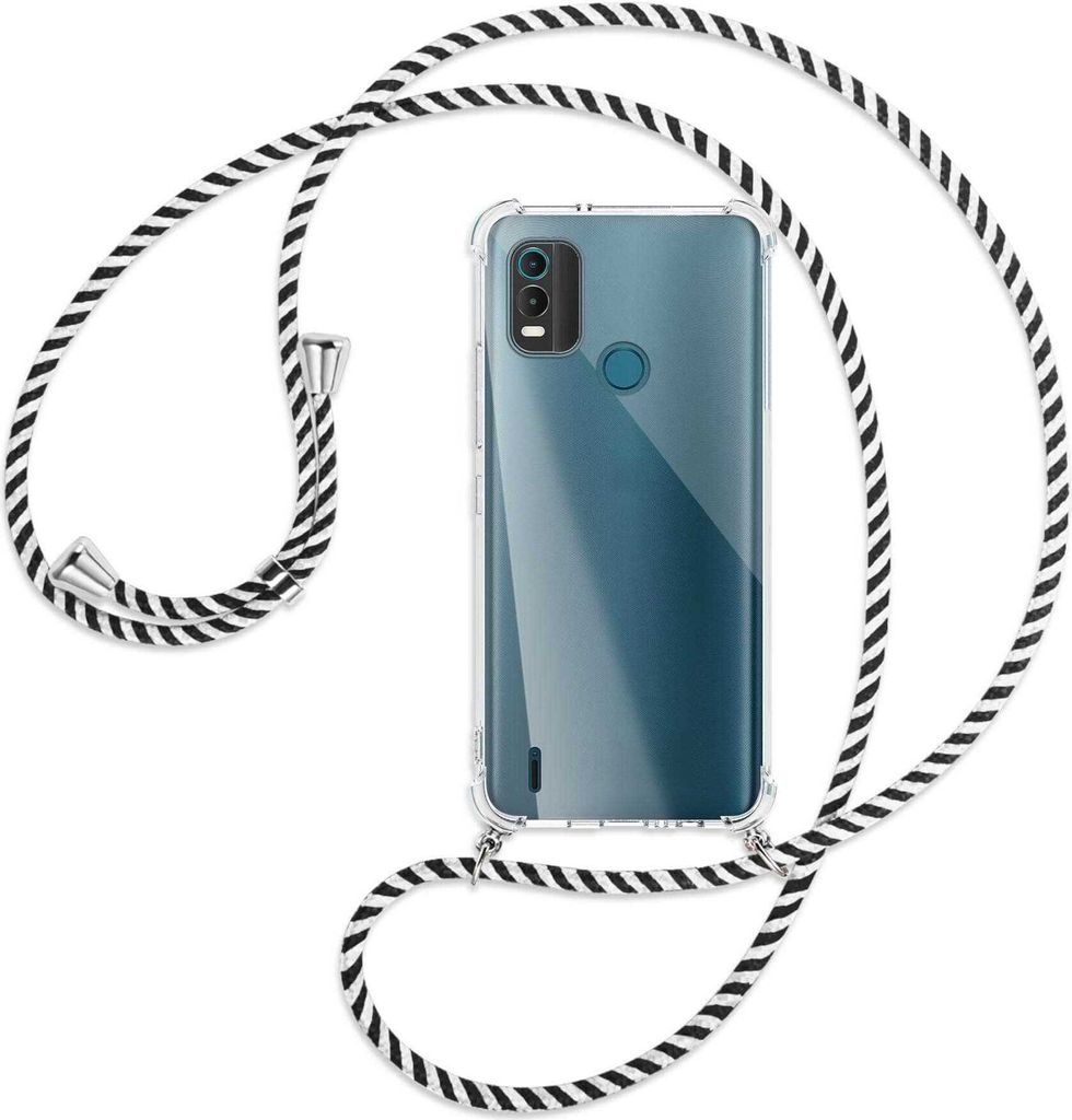 Handykette Backcover-Schutzhülle mit Band (Metall silberfarben) für Nokia C21 Plus (6.52'') - schwarz/weiß gestreift