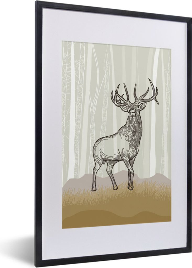 MuchoWow Gerahmtes Poster Eine Illustration eines Hirsches mit großem Geweih 40x60 cm - Poster mit Schwarzem Bilderrahmen Wandposter Rahmen Foto...