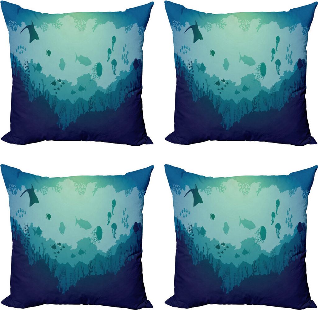 ABAKUHAUS Tiefsee Kissenbezug Set (4 Stück), Quallen Corals Säugetiere, Moderner Doppelseitiger Digitaldruck, 40 cm x 40 cm, Blau Mandelgrün