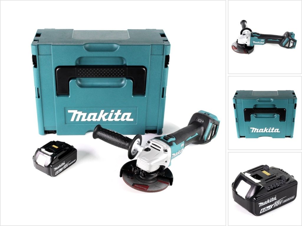 A Makita angle grinder set with a case and battery, displayed on a white background.