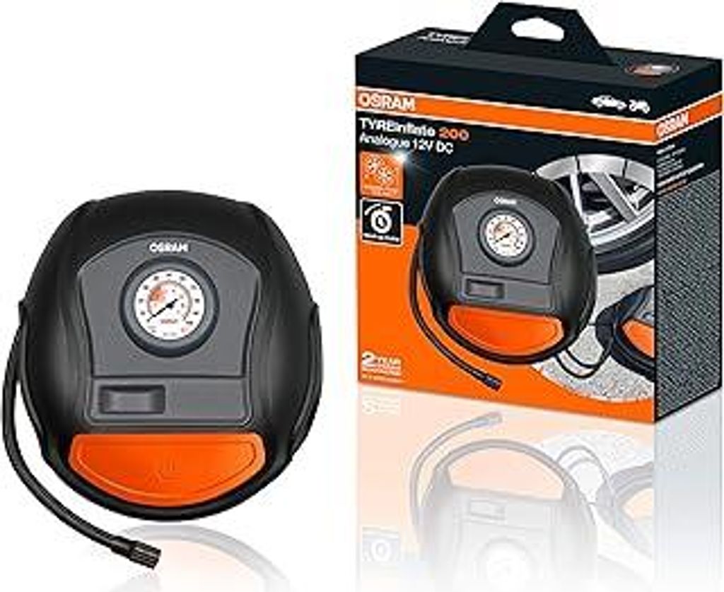OSRAM TYREinflate 200, Analoge Reifenpumpe, tragbarer 12V Kompressor für Autoreifen, Stromanschluss via Zigarettenanzünder, Reifenbefüllung in 4...