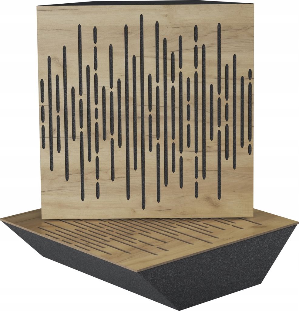 Two acoustic bass traps for a recording studio, one standing upright and the other angled on the floor.