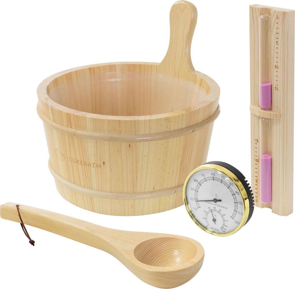 LuxeBath Saunazubehör-Set aus Kiefernholz 4-teilig Sauna Set Aufgusskübel Kelle Thermometer-Hygrometer & 15min. Sanduhr Saunaeimer 4,5L Sauna Zub...
