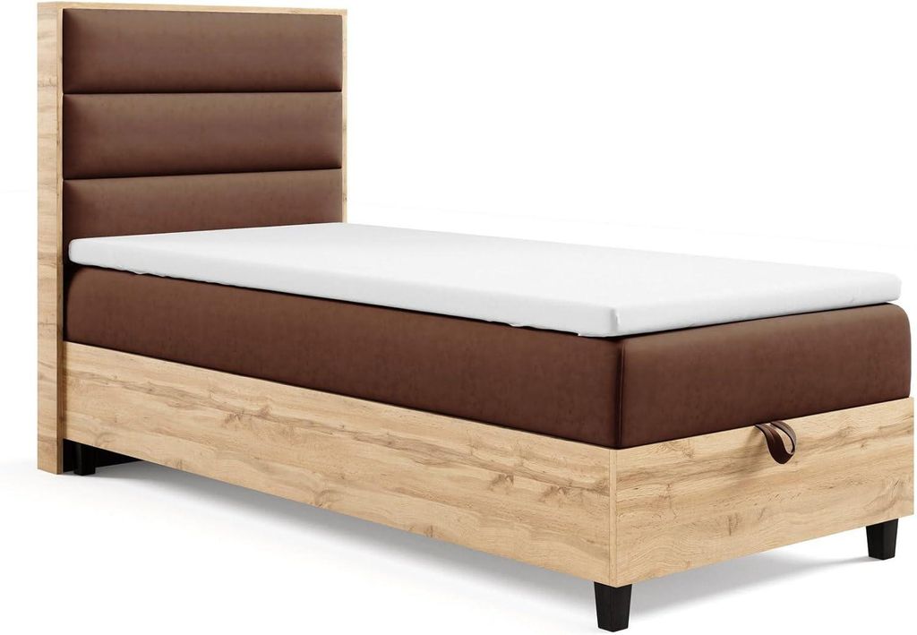 Trinity K-1 Boxspring-Einzelbett 70x200 Braun mit Bonellfederkern Matratze Topper & Stauraum-Bettkasten Kopfteil – Liefer und Aufbauservice
