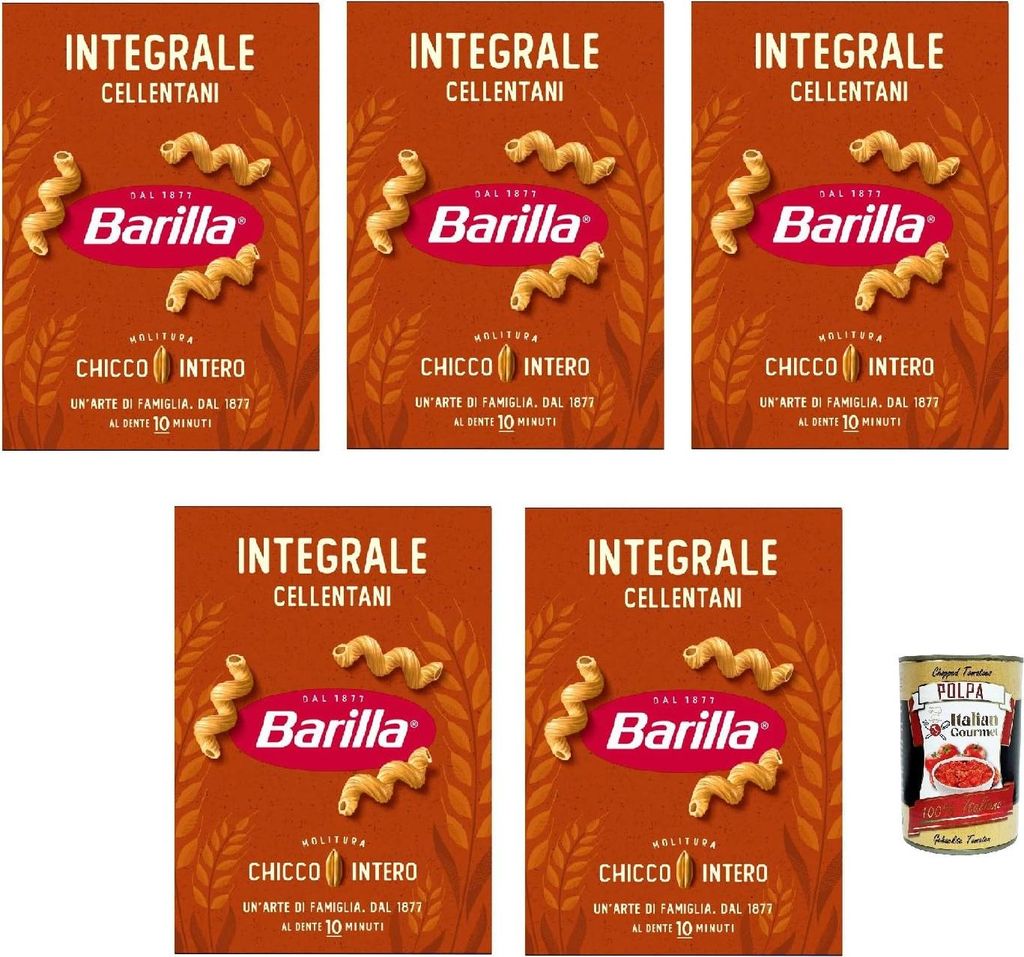 Barilla Integrale Cellentani Vollkorn-Pasta 5 x 500 g, 100% Vollkorn-Hartweizen, ballaststoffreich, vegan Spiralnudeln mit perfekter Soßenbindung,...