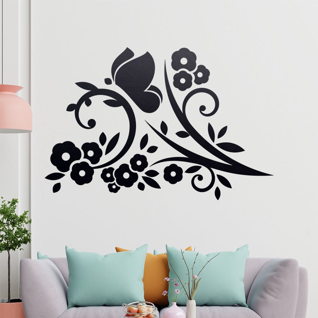 Falter Schmetterling Blüte Wandtattoo in 6 Größen - Wandaufkleber Wall Sticker - Dekoration, Küche, Wohnzimmer, Schlafzimmer, Badezimmer