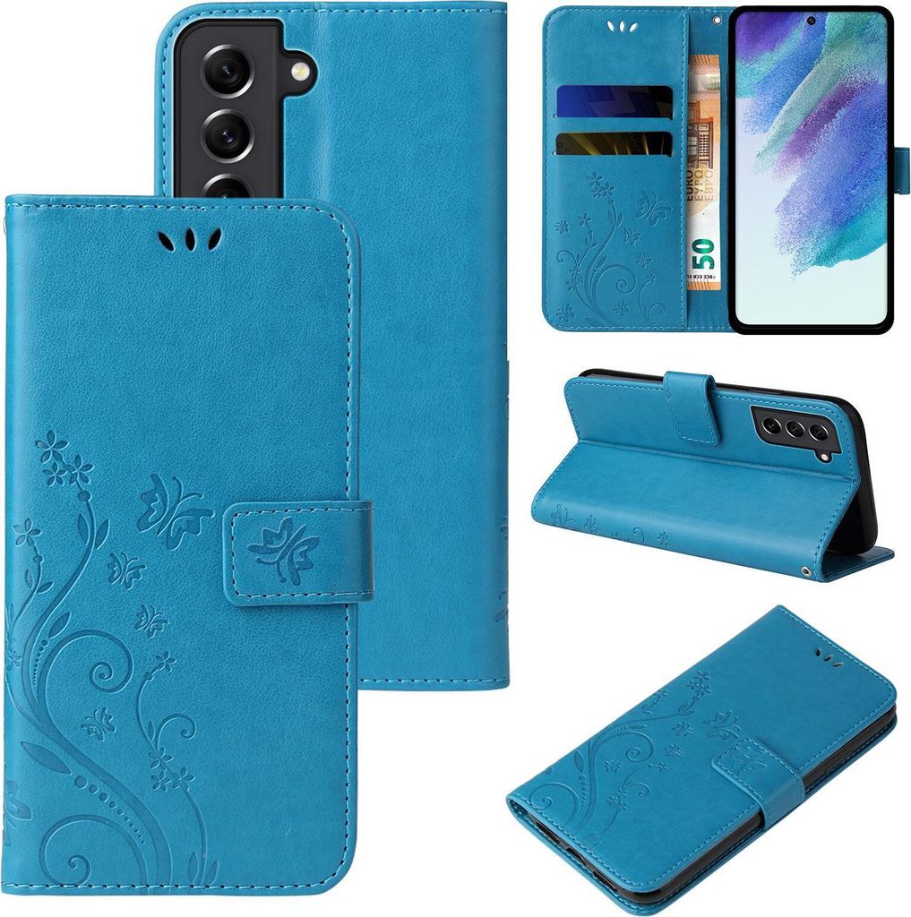 Handyhülle für Samsung Galaxy S21 FE Floral Blumen Schmetterling Flip Cover Hülle Case Klapphülle Handytasche Farbe: Blau