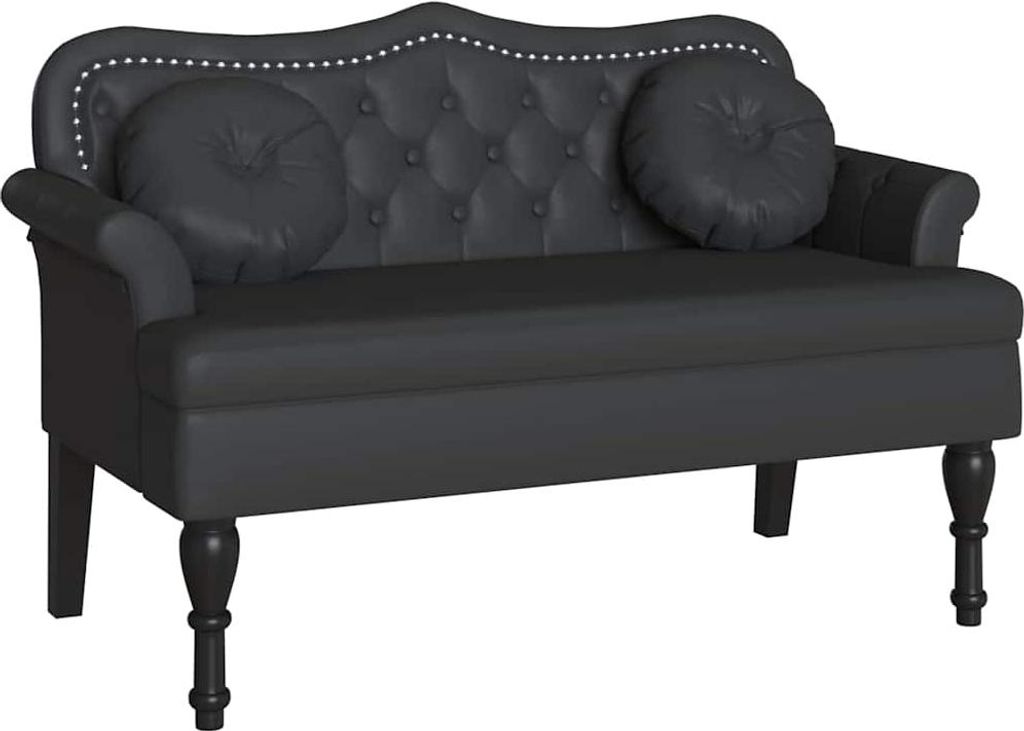 A black Chesterfield bench with tufted back and round cushions on the arms, shown from the front.
