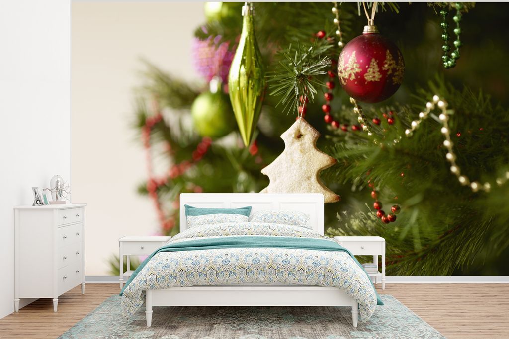 MuchoWow Fototapete für Wohnzimmer oder Schlafzimmer Wandtapete Vinyl Motivtapete Eine Nahaufnahme eines geschmückten Weihnachtsbaums - 375x280...