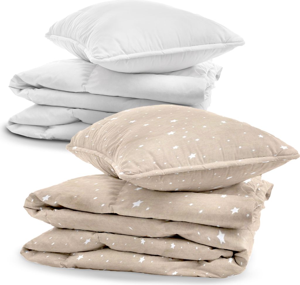 Baby Bettwäsche Set: 90x120cm + Bettzeug - Kinderbettwäsche Babybettwäsche mit Kissenbezug 60x40 aus Baumwolle Beige mit Weiß Sternen