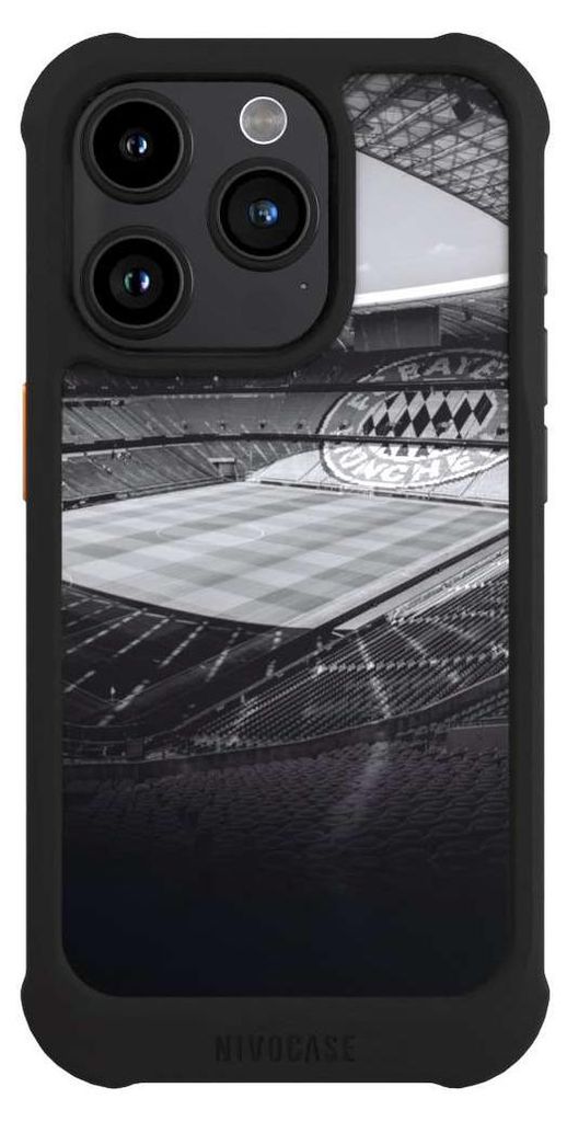 NIVOCASE Hülle für Apple iPhone 15 Pro Stoßfeste Handyhülle NIVOmax Case Schwarz FC Bayern München FCB Stadion
