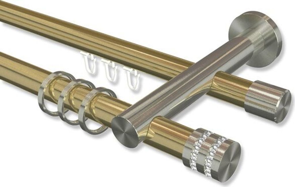 Interdeco Rundrohr-Innenlaufstange, Gardinenstange (Kombination) Messing-Optik / Edelstahl-Optik Modell Platon Estana, 20 mm Ø 2-läufig, 440 cm (...