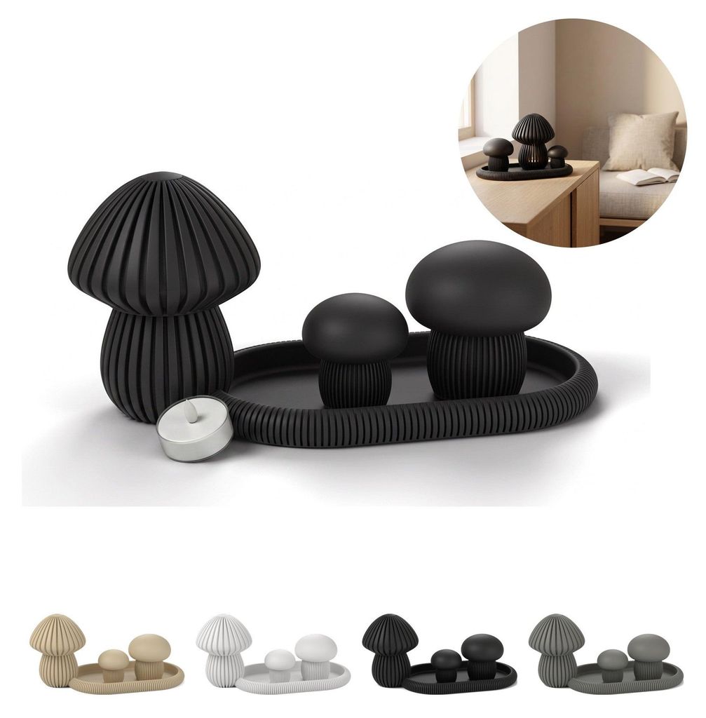 Deko Pilze 3er Set mit Tablett, Pilz Windlicht LED, Japandi Produktbild 