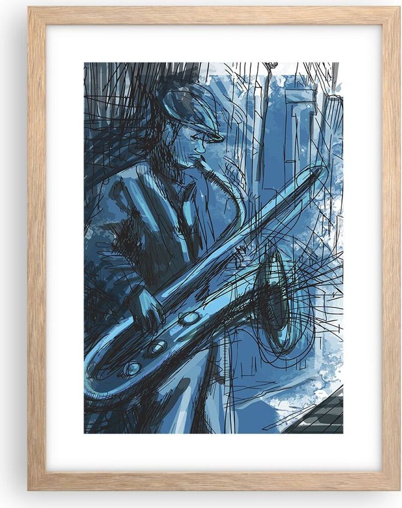 Gerahmtes Poster - Rahmen in heller Eiche - Saxophon Musiker Zeichnen - 30x40 cm - Wand Bild - Wanddeko - Wandbilder - Wandposter - Bilderrahmen - ...