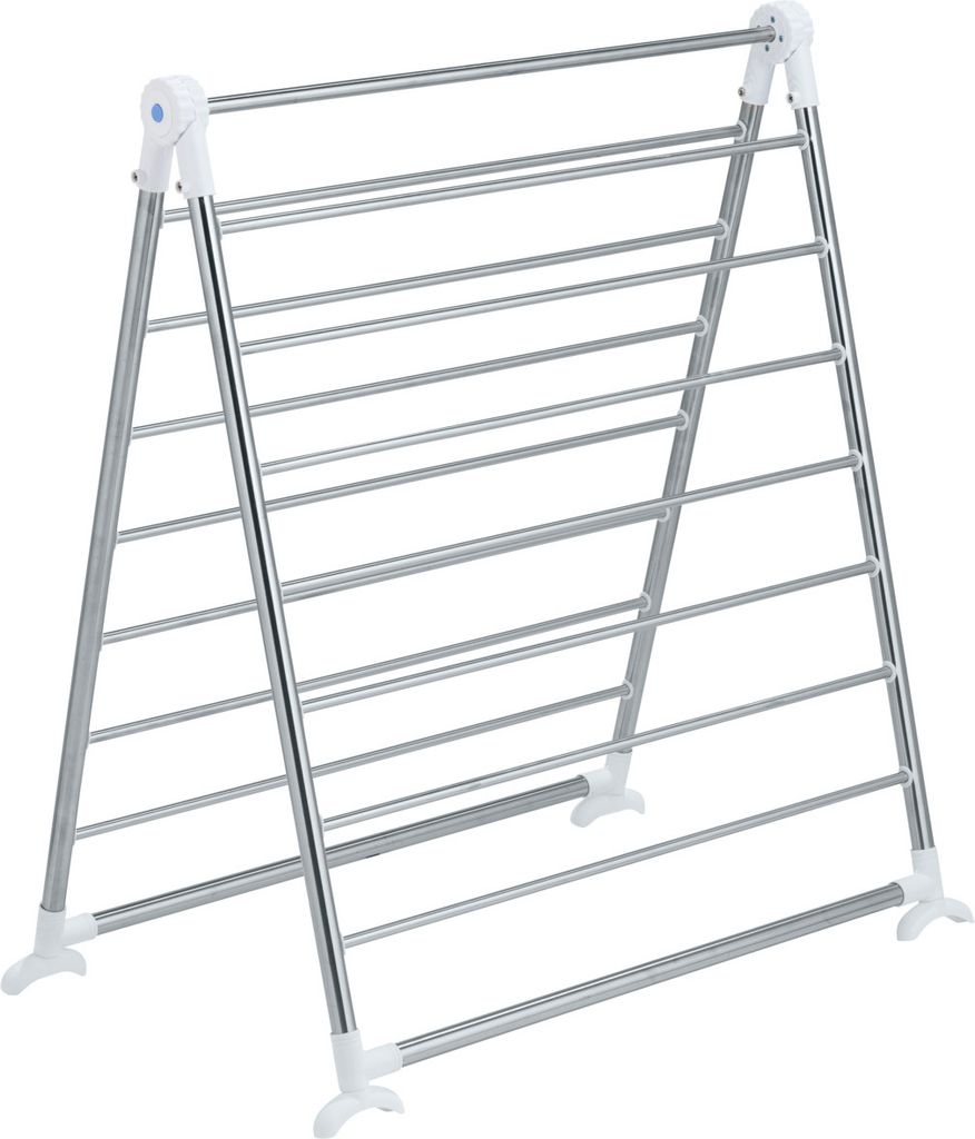 A freestanding drying rack made of stainless steel.