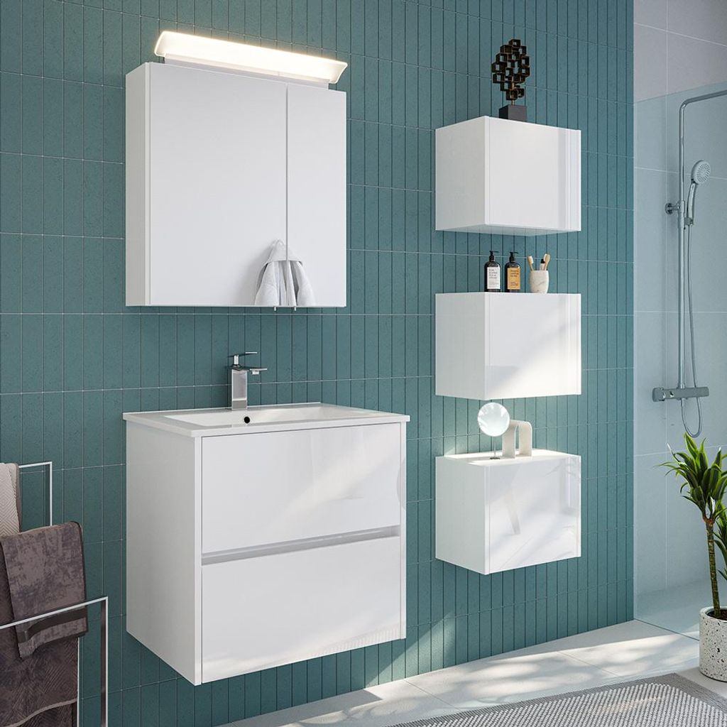 Badmöbel-Set 5-teilig mit 60 cm Waschtisch und Spiegelschrank mit LED-Beleuchtung in weiß Hochglanz - LIVIGNO-02