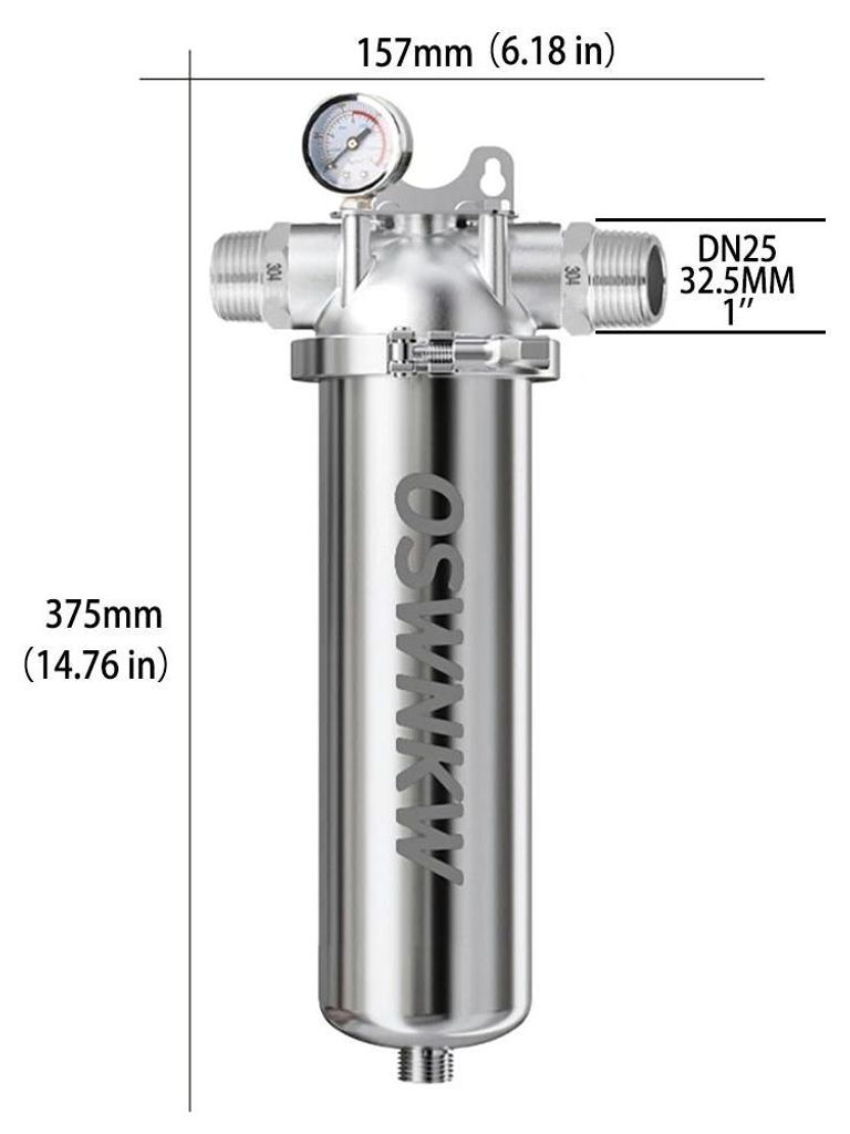 Hauswasserfilter - Sediment Vorfilter - 40 μm 316 Edelstahlsieb - Für Leitungs- und Brunnenwasser - Ohne Strom - 25 cm DN25