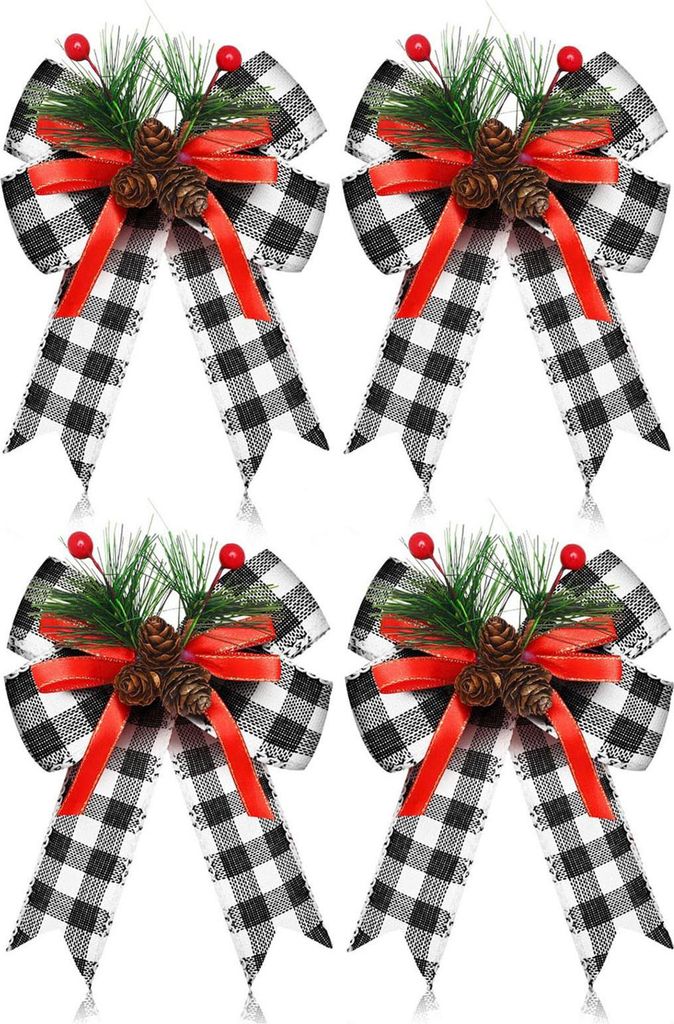 Weihnachtsschleifen mit Tannenzapfen, Tannennadeln und kariertem Schleifenband – Christbaumkranz-Dekoration zum Verpacken von Geschenken