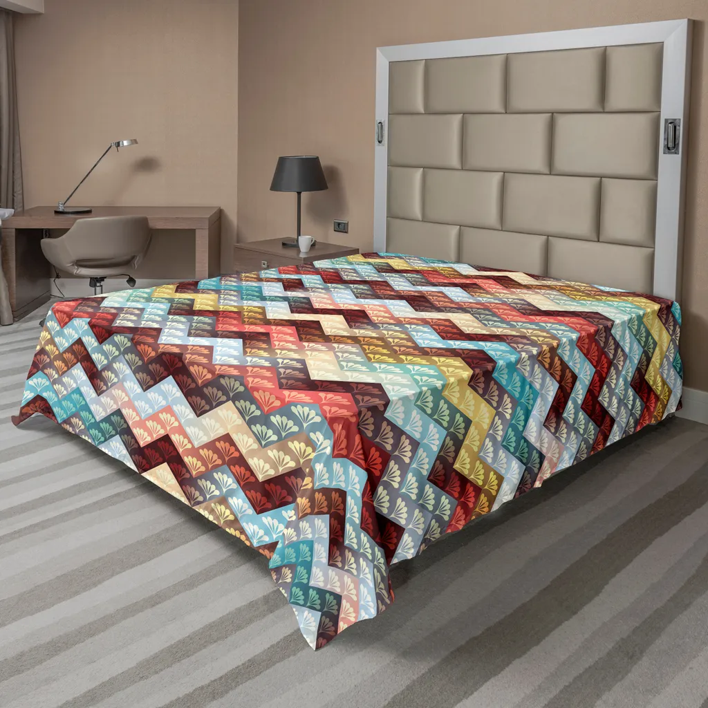 ABAKUHAUS Lenzuolo angolare, motivo decorativo ripetitivo a zig zag con motivi barocchi Lenzuolo superiore morbido e confortevole per un letto decorativo 1 pezzo 266 cm x 260 cm, multicolore