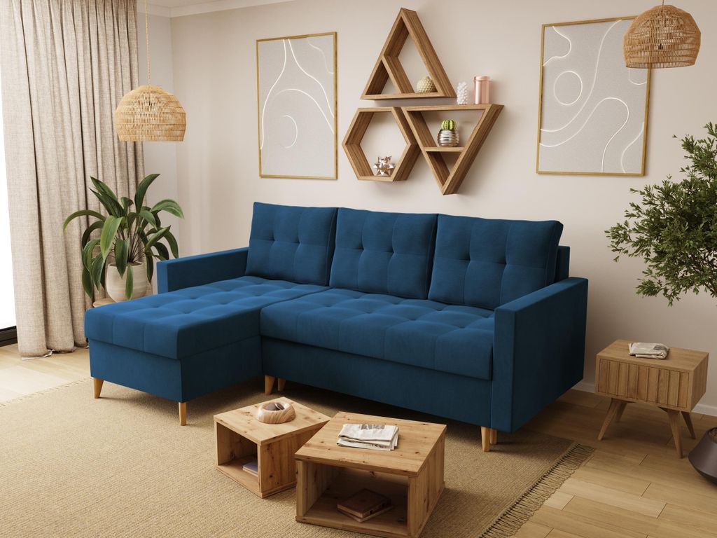 BroMARKT Ecksofa LIZBONA mit Schlaffunktion Bettkasten Kissen Couch Sofa L-Form, Blau