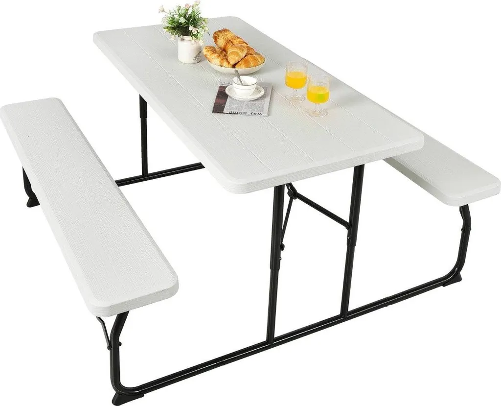 Table de camping pliante avec bancs blanc ensemble robuste gain de place
