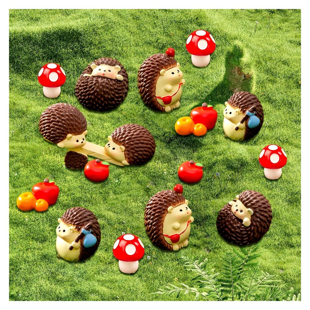 Zubehör für Feengärten, Ornamente für den Außenbereich, Mini-Pilze, Igel, Apfel, Feen-Ornamente, Set mit 17 Teilen