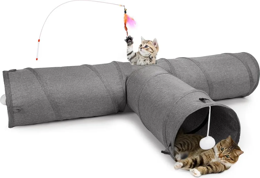 Tunnel chat 120cm à 3 entrées avec jouet ressort et balle de peluche