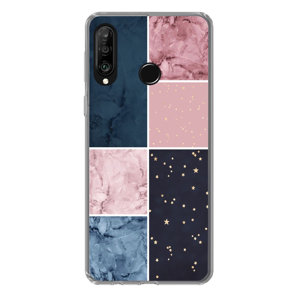 MuchoWow Handyhülle Schutzhülle Hülle für Huawei P30 Lite Marmor - Rosa - Blau Silikon Softcase Handy Hülle - Handyhülle