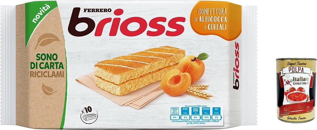 6x Ferrero Brioss Albicocca Aprikose, Apricot kuchen Packung mit 10 Snacks, 280 g + Italian Gourmet polpa 400g