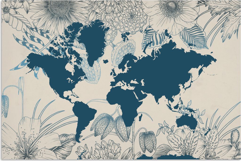 MuchoWow Poster Weltkarte - Blau - Blumen 30x20 cm - Plakate - Print