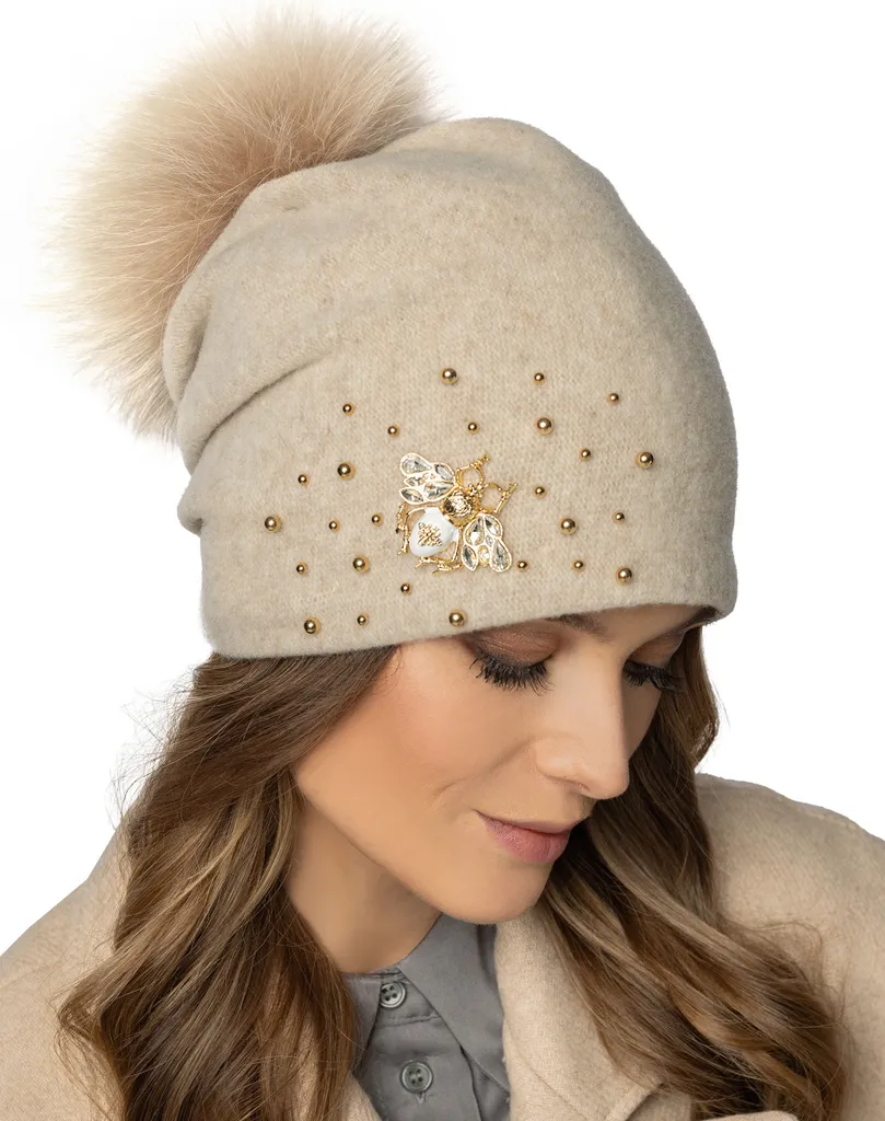 Bonnet Femme Pompon Amovible en Laine Vierge Beige - Ajustement Idéal - 3