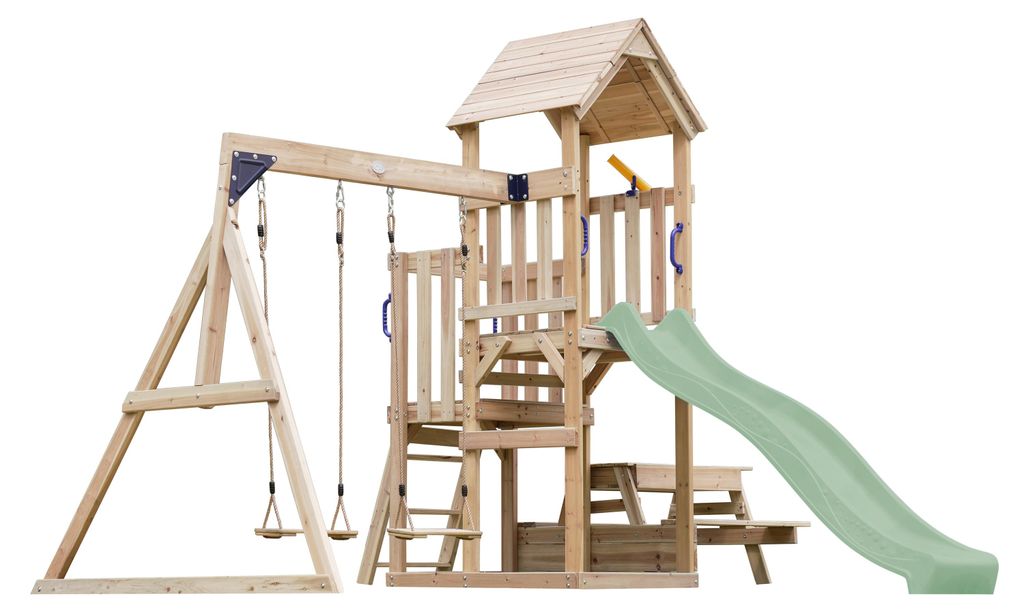 AXI Mette Spielturm aus Holz mit 2 Schaukeln | XXL Spielhaus / Spielplatz für Kinder mit Picknicktisch, Sandkasten & Rutsche, Pastellgrün | Schau...