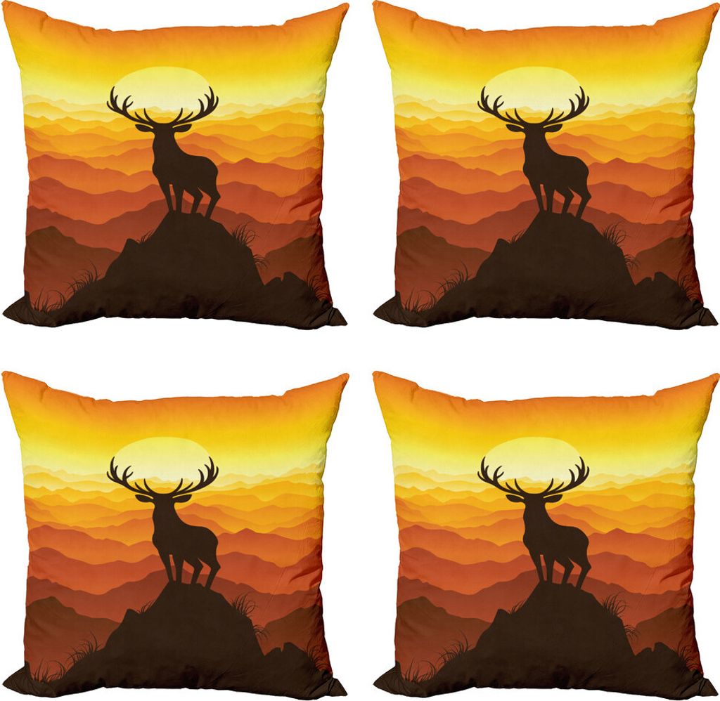 ABAKUHAUS Tierwelt Kissenbezug Set (4 Stück), Deer Sonnenuntergang-Berge, Moderner Doppelseitiger Digitaldruck, 40 cm x 40 cm, Mehrfarbig