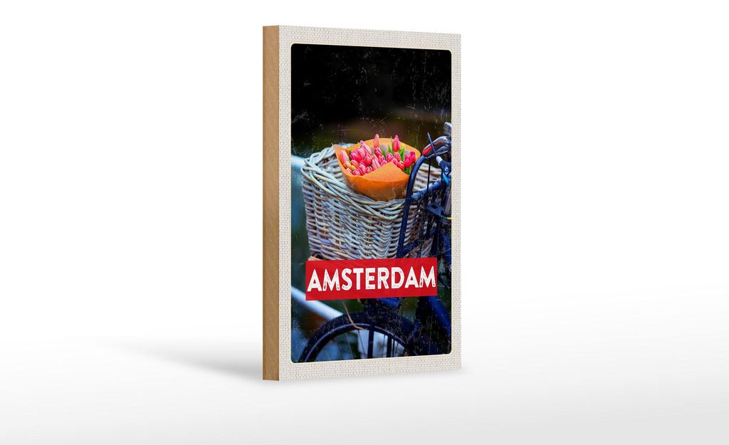 Holzschild Reise 12x18 cm Retro Amsterdam Tulpen Fahrrad Dekoration