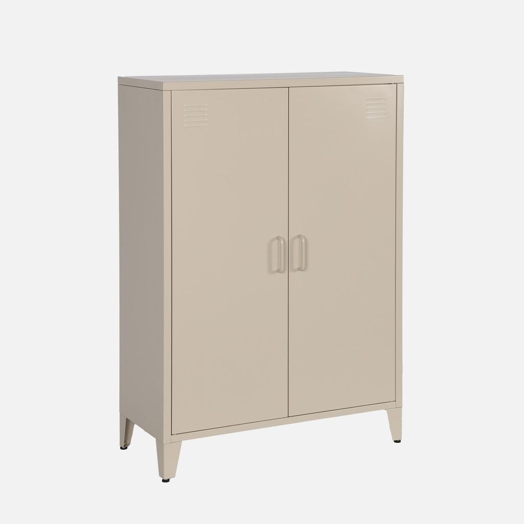 A beige metal cabinet with two doors and four legs, shown against a plain light gray background.