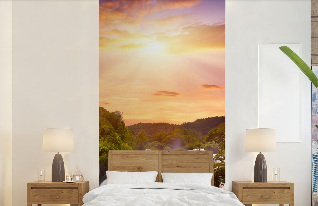 MuchoWow Fototapete für Wohnzimmer oder Schlafzimmer Wandtapete Vinyl Motivtapete Wasserfall - Landschaft - Sonne - Wolken - Sonnenuntergang - 1...