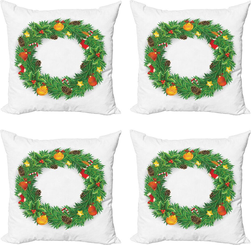 ABAKUHAUS Weihnachten Kissenbezug Set (4 Stück), Evergreen Kranz Kunst, Moderner Doppelseitiger Digitaldruck, 45 cm x 45 cm, Grün Weiß