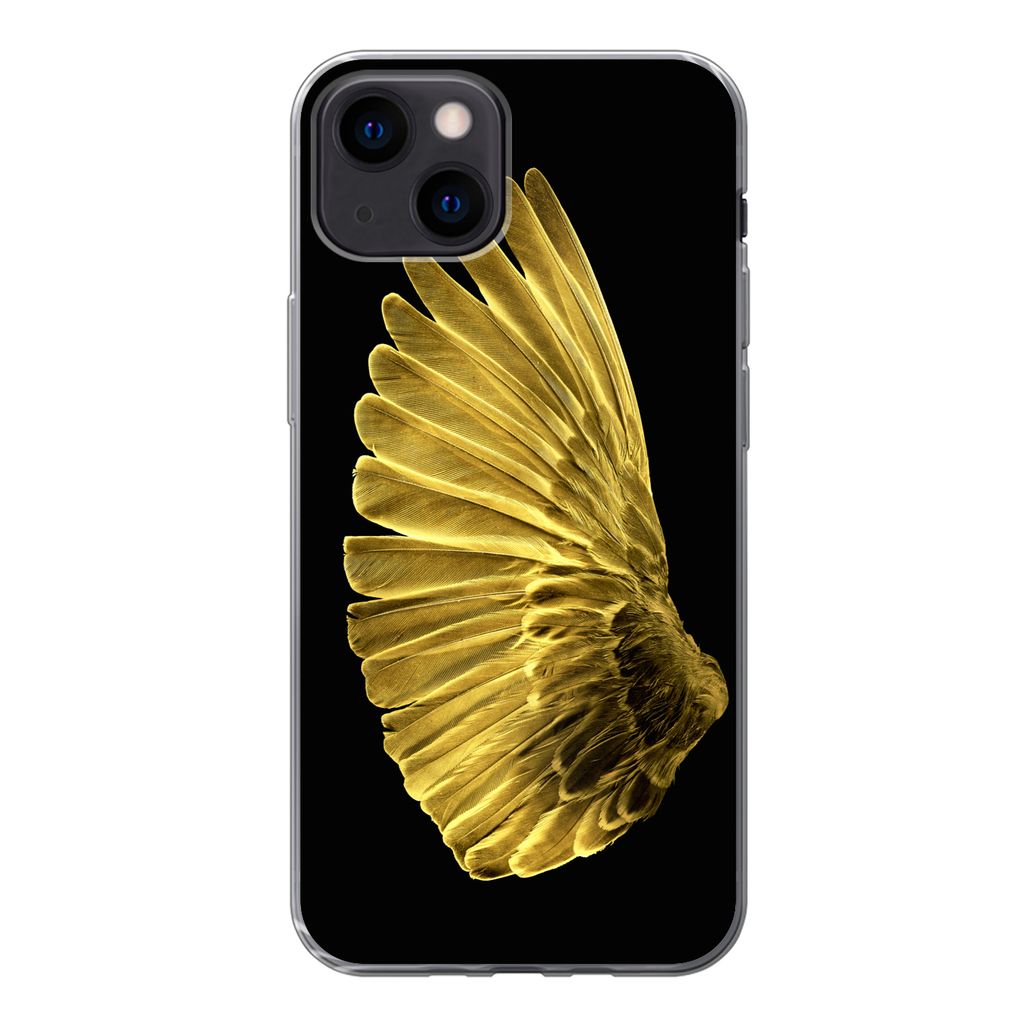 MuchoWow Handyhülle Schutzhülle Hülle für iPhone 13 mini Goldene Flügel auf schwarzem Hintergrund Silikon Softcase Handy Hülle - Softcase