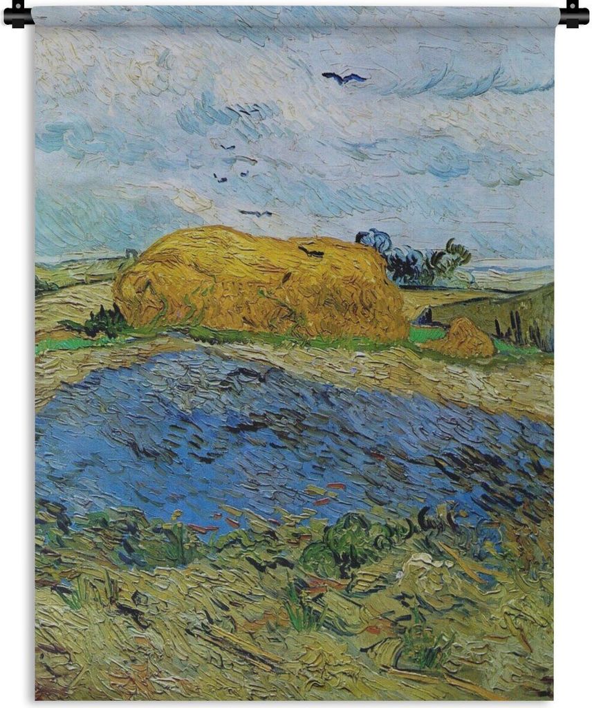MuchoWow Wandteppich Wandbehang Heuballen unter einem regnerischen Himmel - Vincent van Gogh 120x160 cm Tapisserie Dekoration Wandtuch - Wohnzimm...