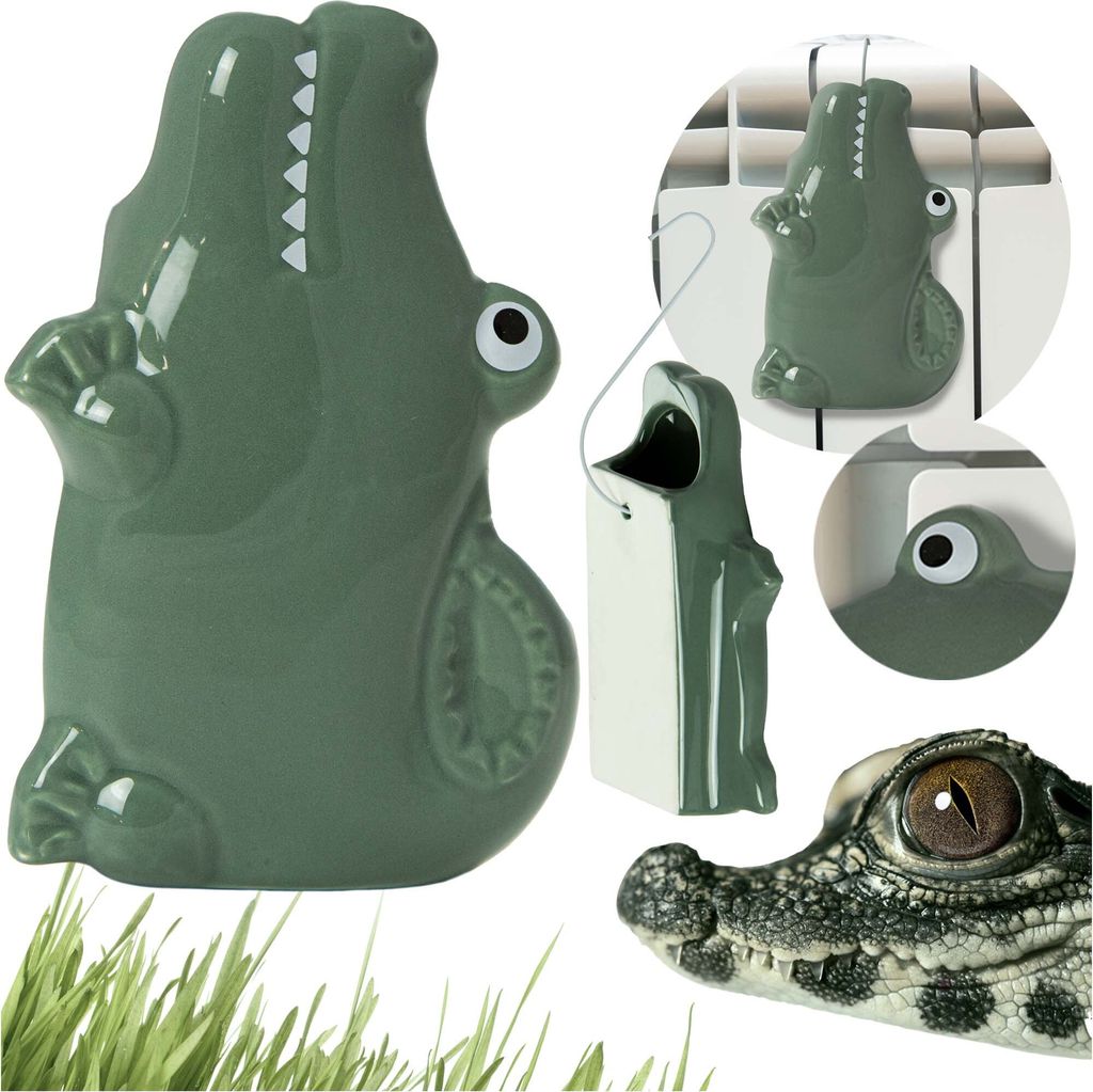 A collage of images showing a ceramic alligator humidifier for a radiator, with close-ups and a real alligator eye.