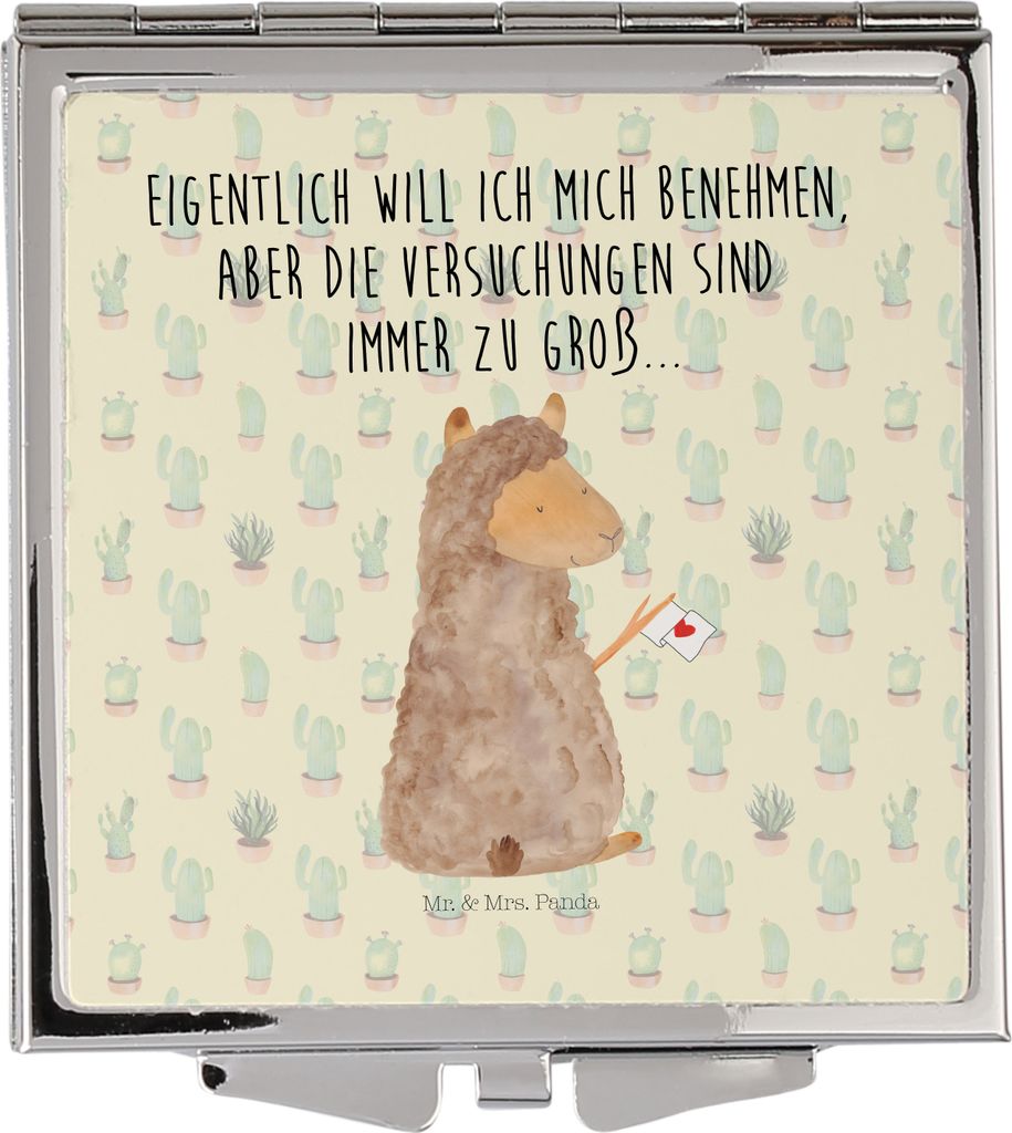 Mr. & Mrs. Panda Handspiegel Alpaka Fahne - Kaktus Grün - Geschenk, Frauen Spiegel, Schminkspiegel, Taschenspiegel klappbar, Kosmetikspiegel, Lama...