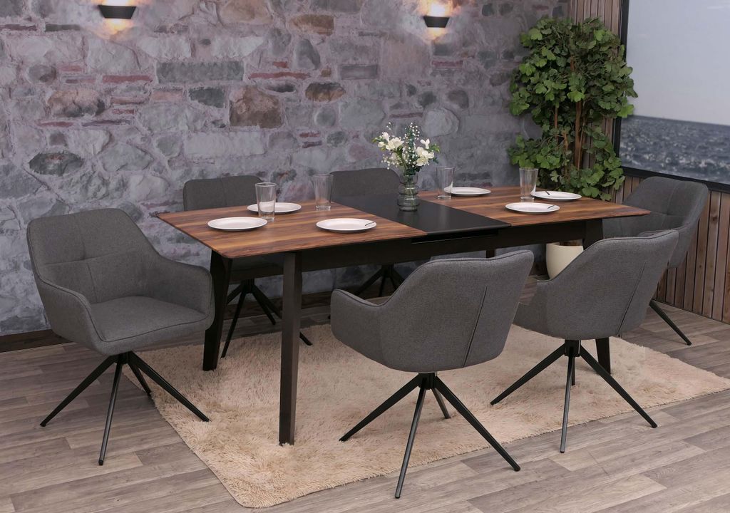 6er-Set Esszimmerstuhl MCW-O47, Küchenstuhl Armlehne, drehbar Auto-Return, Stoff/Textil (270g/m²) grau