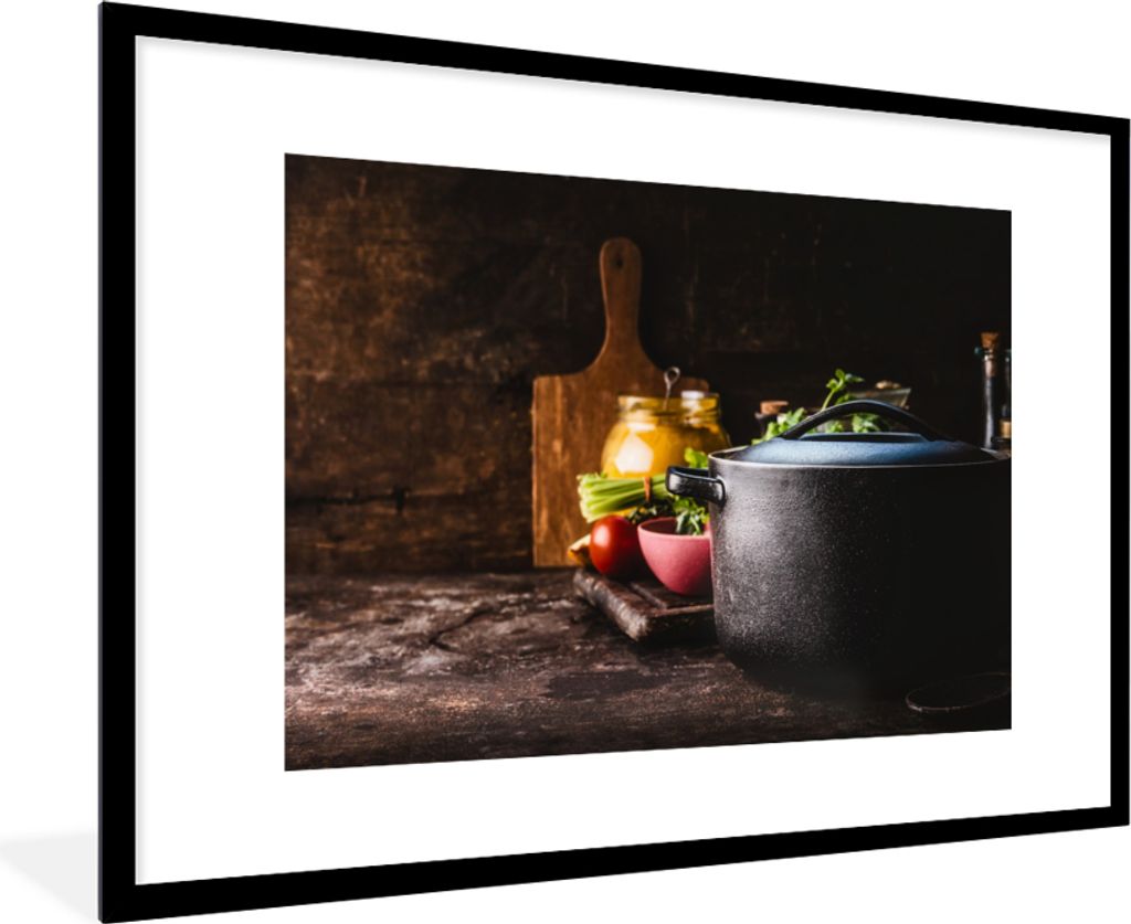 MuchoWow Gerahmtes Poster Rustikal - Stilleben - Pfanne - Gemüse 90x60 cm - Poster mit Schwarzem Bilderrahmen Wandposter Rahmen Foto Bilder - Wa...