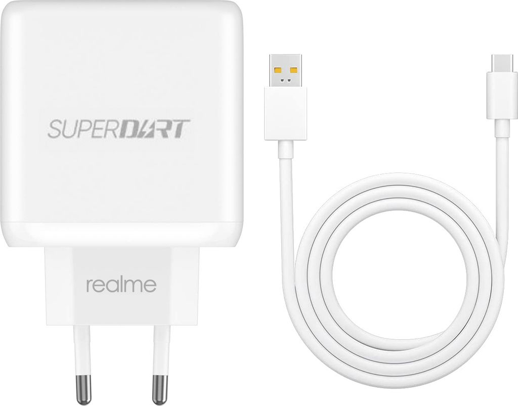A white Realme SuperDart charger and USB-C cable are displayed against a white background.