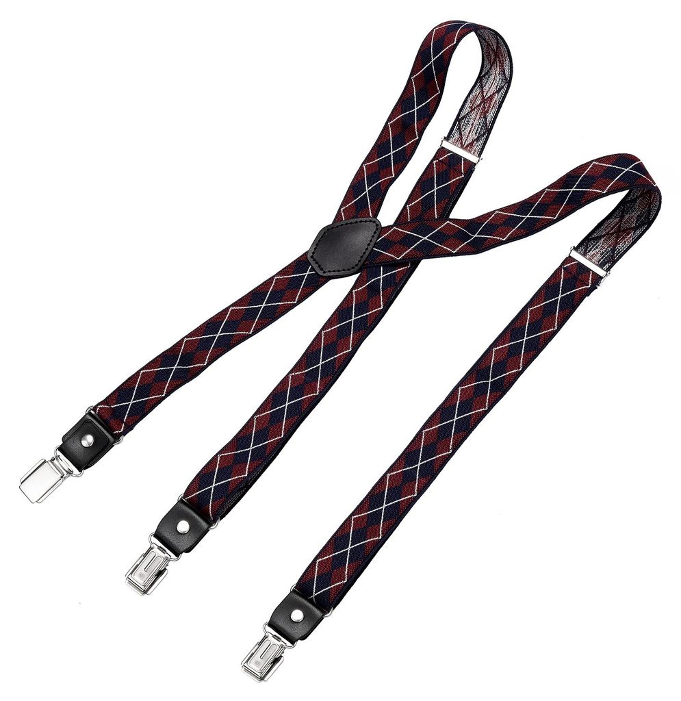 DonDon Herren Hosenträger schmal 2,5 cm – 3 Clips in Y-Form – elastisch und längenverstellbar kariert blau rot weiß