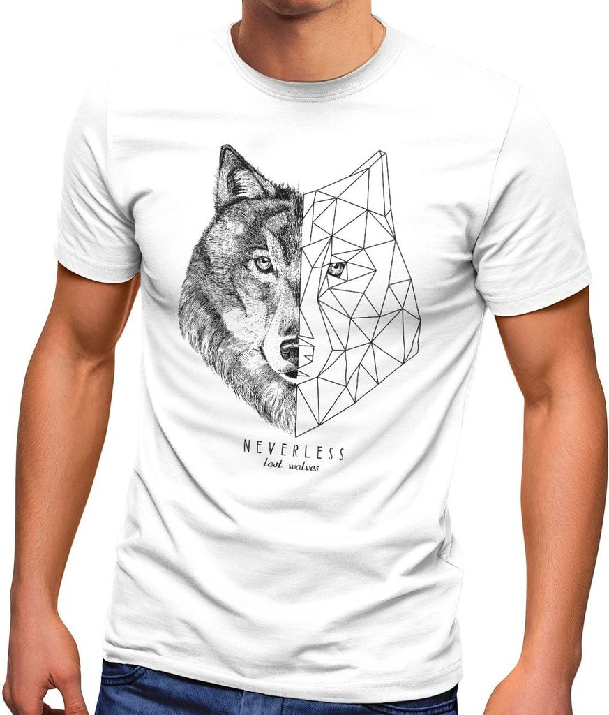 Herren T-Shirt Wolf Polygon Kunst Grafik Tiermotiv Printshirt Fashion Streetstyle Neverless weiß M